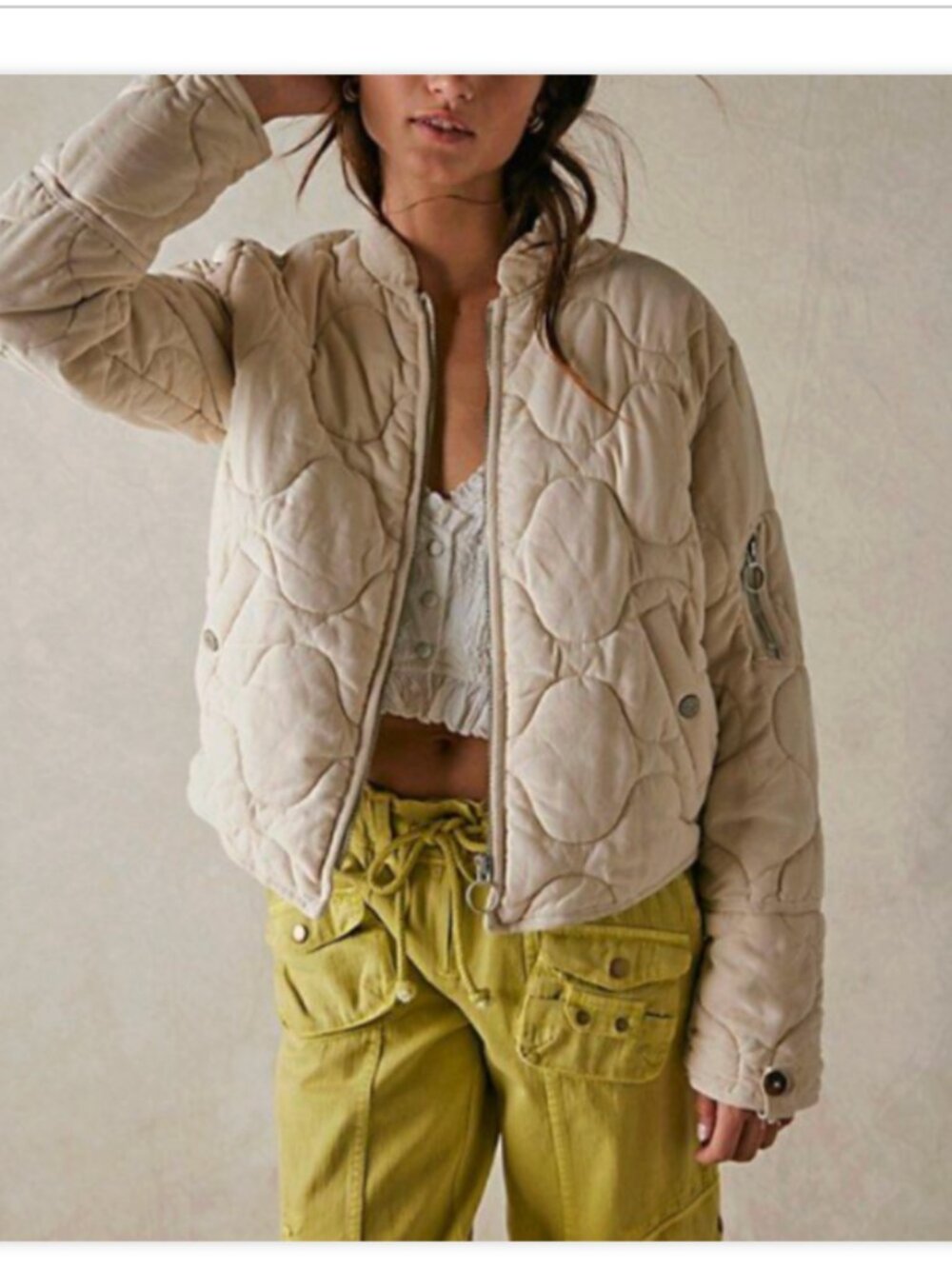 Free People Aura Liner Quilted Jacket Natural Size L Lightweight Boxy Bomber